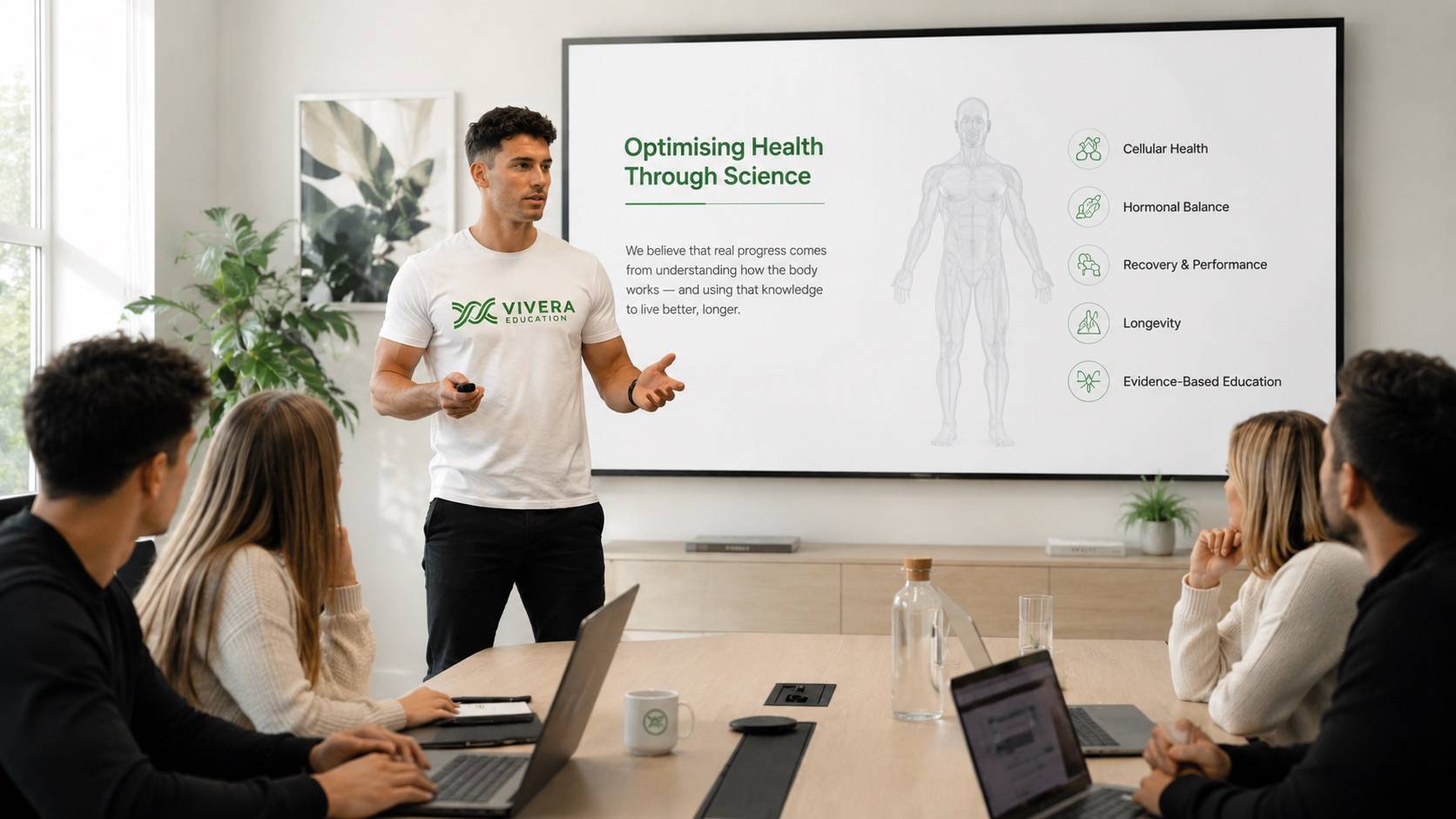 A Vivera Education instructor presenting 'Optimising Health Through Science' to a class in a bright boardroom.
